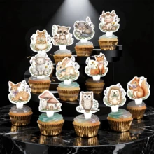 24pcs/Set,Watercolor Woodland Animals Cupcake Toppers - Boho Forest Creatures Cake Picks For Babe Shower, Gender Reveal,Birthday Party Supplies & Decor, Forest Animal Cake Topper Picks Table Centerpiece - View 6