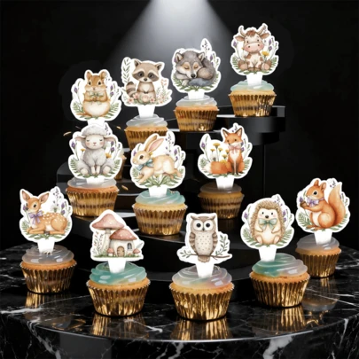 24pcs/Set,Watercolor Woodland Animals Cupcake Toppers - Boho Forest Creatures Cake Picks For Babe Shower, Gender Reveal,Birthday Party Supplies & Decor, Forest Animal Cake Topper Picks Table Centerpiece