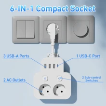 Ổ cắm điện đa năng 6 trong 1 với cổng USB, thiết kế nhiều công tắc, bộ chuyển đổi du lịch, cổng sạc USB, công tắc độc lập, có thể gắn tường, thích hợp cho văn phòng/gia đình, trạm sạc ổ cắm điện kéo dài - Phích cắm loại EU E (220-240V) - Xem 4