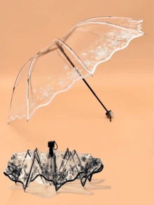 1pc 8-Rib Ruffle Hem Black & White Print Transparent Folding Umbrella,Mother's Day Gift,Bedroom Decor,Garden,Kitchen Decor,Summer,Beach,Travel Essentials,Room Decor,Squishy,Graduation,Outdoor,Garden,Travel Essentials,Portable Essentials,Beach Essentials,Graduation Season,Commencement,Graduation Ceremony,Graduation Gift,Graduation Present,Graduation Gift,Graduation Present,Congrats Grad,Congratulations Graduate,Valedictorian,Finish School,Graduation Party,Outdoor Essentials,Travel Portable,Hiking Essentials,Camping Essentials,Portable Tools,Summer Essentials ,Summer Portable,Umbrella / Compact Umbrella / Travel Umbrella / Windproof Umbrella / Folding Umbrella / Rain Umbrella / Automatic Umbrella / Uv Umbrella / Sun Umbrella / Paraguas / Guarda-Chuva - Clear - View 1