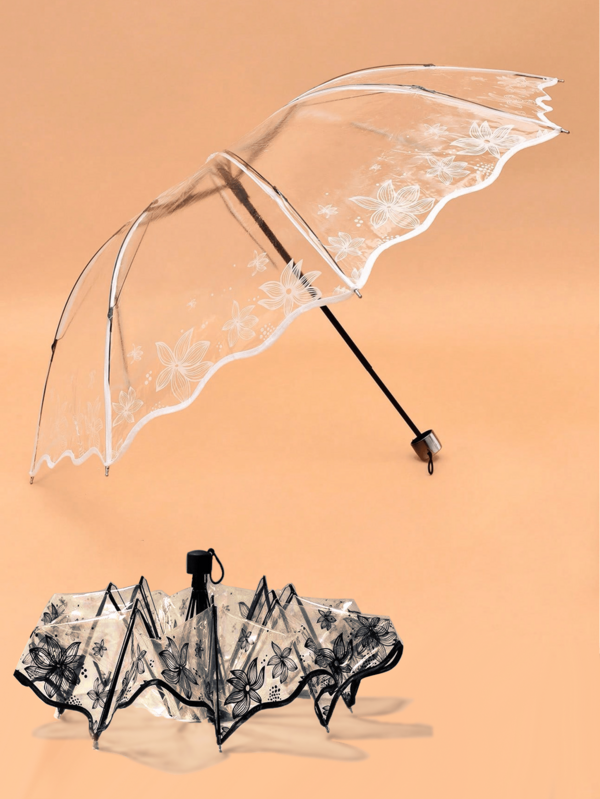 1把黑白印花透明折叠伞，8罗纹荷叶边下摆