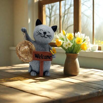 Outdoor Cat Statue Decor, Straw Hat Decoration, Suitable For Outdoor, Garden, Balcony