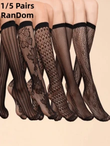 1/5 双女士蕾丝拼接性感镂空小腿袜，时尚 - 黑色 - 查看 1