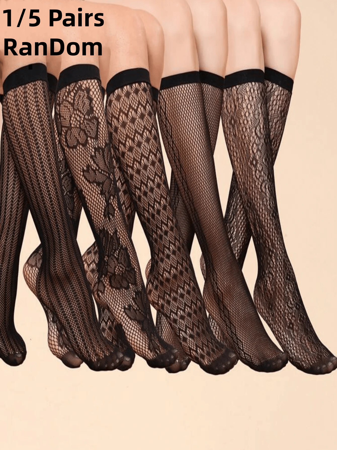 1/5 双女士蕾丝拼接性感镂空小腿袜，时尚 - 黑色 - 查看 1