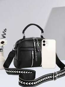 Túi Boston PIANEE thời trang tối giản màu đen họa tiết vải thiều, chất liệu da PU, dây đeo chéo có thể điều chỉnh, phù hợp cho nữ, đi làm và sử dụng hàng ngày. - màu đen - Xem 5