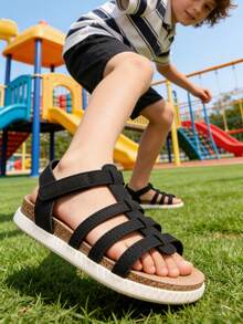 Summer New Fashion Versatile Boys/Girls PU Strap Design Roman Sandals, Soft Breathable Foot Protection Non-Slip Sole Lightweight Sandals - Black - View 2