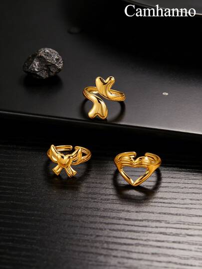 Camhanno 1pc Exquisite Unique Stainless Steel Double Heart Ring For Women, Vintage Elegant Open Ring, Delicate Versatile Commuter Band