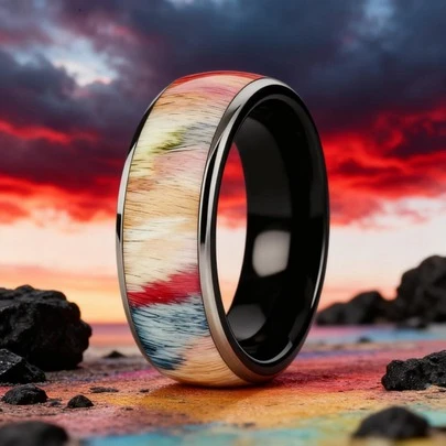 8 mm Bague en acier inoxydable mode pour hommes, bague dôme plaquée ion noir avec incrustation de bois de santal synthétique multicolore, bague de fiançailles et de mariage, bague personnalisée unique, cadeau de bijoux