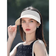 1pc Fashion Straw Sun Visors For Women Wide Brim Hats Roll-Up Foldable Summer Beach Visor Hat - 多色 4 - 查看 5