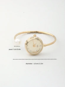 1pc Women's Delicate Fiber Bracelet With 1 Large Pearl, Diamond Cut Glass Rhinestone Dial, Minimalist Quartz Watch Chain - Gold - View 5