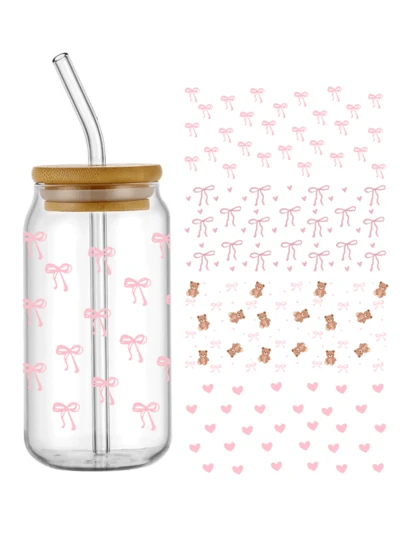 Pink Bow Ribbon Decorative Decal Self-Adhesive Wraps For Plastic Cups, Waterproof Scratch-Resistant 3d Decals For Glassware And Bottles ,Uv Self-Adhesive Plastic Cups & Bottles Wraps, Waterproof & Scratch-Resistant, High-Quality Bow And Bear Transfer Sticker For Water Cups And Other Items With Smooth Surfaces - High-Quality Embellishments (4.3 X 9.4 Inches),Only Stickers, No Cup