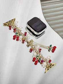 1pc Red Cherry Pearl Beaded Gold Decor Bracelet Band, Suitable For Apple Watch Ultra/SE/10/9/8/7/5/4/3/2/1 Series, And Ultra2/Ultra/SE/38/41/42/44/45/46/49mm, Fashionable Bracelet Accessory For Women. Best Gift For Girlfriend And Friends, Comfortable Wear, Fits Wrist Closely, Only Includes Band, Watch And Case Not Included. - Red - View 10