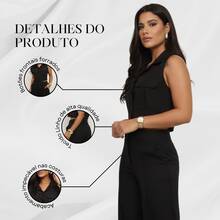 Conjunto Linho Colete E Calça Cintura Alta Elegante Feminino - Preto - Visão 6