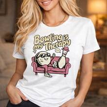 1 pieza de camiseta de algodón con estampado "Bowling es mi terapia" para mujer de talla grande, manga corta, cuello redondo, estilo casual, tallas S-5XL, camiseta con gráfico divertido de bola y pino de boliche, suave y cómoda para uso diario, ideal para amantes del boliche y atuendos casuales. ¡! Camiseta estampada de manga corta, casual y elegante para hombre. - Blanco - Ver 2