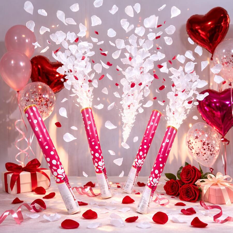 Four White Rose Petal-Shaped Confetti Cannons, 30cm Long, Suitable For Weddings, Marriage Proposals And Various Festive Occasions. - View 1