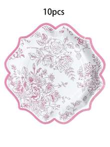 10 pièces/20 pièces/30 pièces Assiettes en papier vintage à motif floral blanc et rose de 7 pouces/9 pouces avec bord festonné, assiettes en papier à fleurs roses, assiettes jetables pour thé, jardin, anniversaire, shower de mariage - rose - Voir 12
