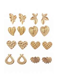 8 Pairs Vintage Gold-Tone Stud Earrings Set, Including Geometric Asymmetrical, Heart, Leaf And Other Fashionable Designs. Made Of Stainless Steel, Hypoallergenic And Durable, Vintage Gold Tone With Premium Feel. Versatile For Casual, Dress, Daily Wear, Vacation, Wedding, Also A Great Gift Idea For Valentine's Day, Birthday, Mother's Day. - Gold - View 10