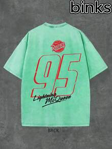 Disney Binks (Double-Sided Printing): Cars: Lightning McQueen Elements Cartoon Print Retro Distressed Washed Short Sleeved T-Shirt, High Street  Brand Loose Short Sleeved T-Shirt. Spring And Summer Fashionable Versatile Top, Holiday Gift, Vintage Print. - 薄荷藍 - 查看 3