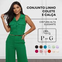 Elegant Women's Linen Vest And High-Waisted Pants Set - Bendera Hijau - View 2