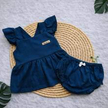 Baby Girl Romper Set With Skirt And Diaper Cover, Themed Monthiversary, Sunbathing Outing - Màu xanh hải quân - Xem 1