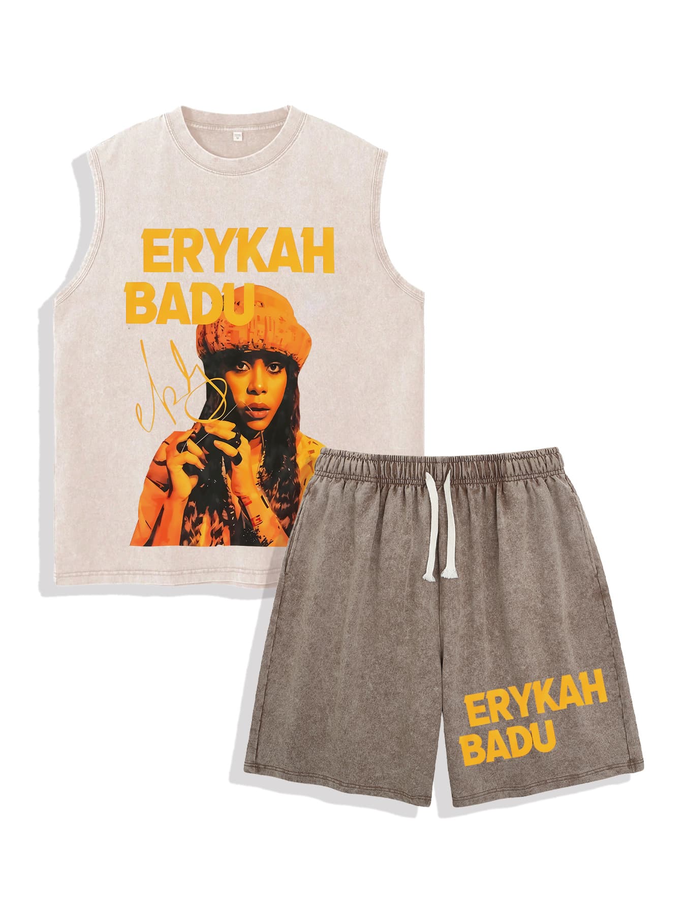 Men's Spring/Summer Washed Black Slim Fit Drawstring Shorts 2-Piece Set, Minimalist Fashionable Newspaper Print Sleeveless Tank Top, Casual Cartoon Letter Print Vest Suitable For Daily - Màu be - Xem 1