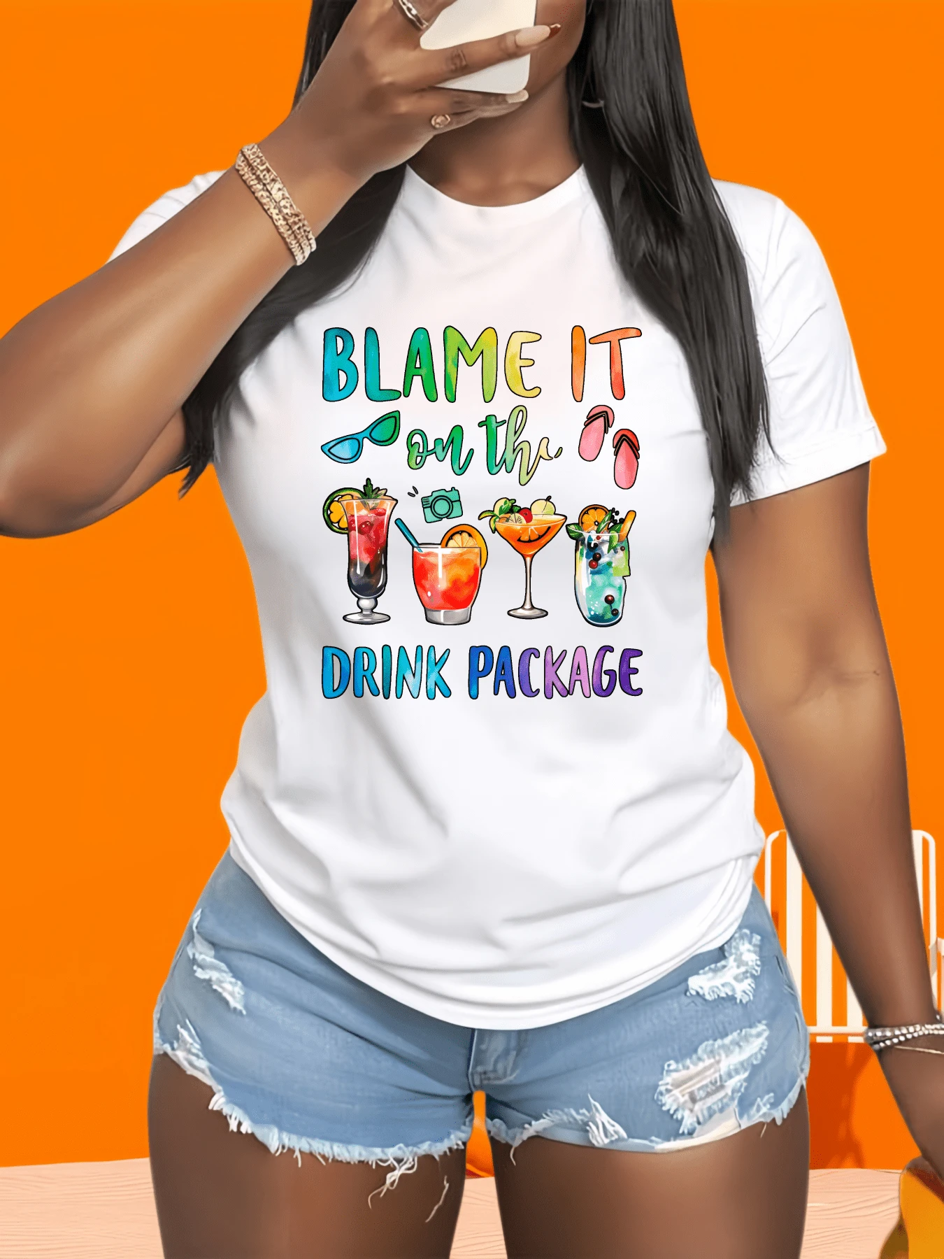 Women T Shirt White Blame It On The Drink Package Cocktail Party Summer Beach Vacation Fun Graphic Print Casual Top - 白色 - 查看 1