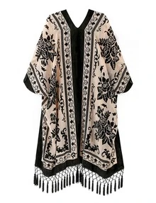 WeHello Women's Boho Burnout Velvet Kimono Long Cover Up With Tassel Casual Cardigan Shawl Flowy Fabric Beachwear Suit Womenswear Clothes Swimwear Coverups SpringStatements - Màu nâu  Mocha - Xem 2