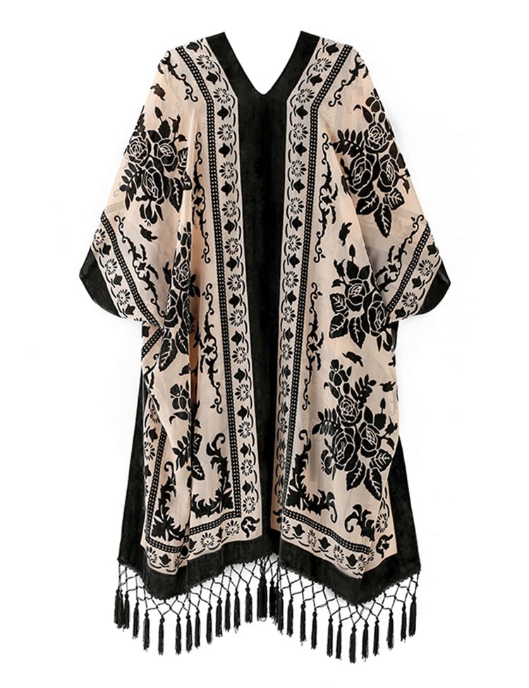 WeHello Women's Boho Burnout Velvet Kimono Long Cover Up With Tassel Casual Cardigan Shawl Flowy Fabric Beachwear Suit Womenswear Clothes Swimwear Coverups SpringStatements - 摩卡棕 - 查看 2