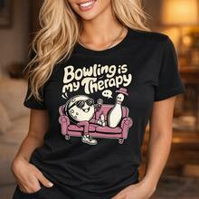 1 pieza de camiseta de algodón con estampado "Bowling es mi terapia" para mujer de talla grande, manga corta, cuello redondo, estilo casual, tallas S-5XL, camiseta con gráfico divertido de bola y pino de boliche, suave y cómoda para uso diario, ideal para amantes del boliche y atuendos casuales. ¡! Camiseta estampada de manga corta, casual y elegante para hombre. - Blanco - Ver 9