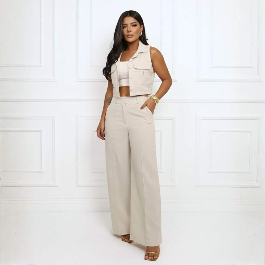 Elegant Women's Linen Vest And High-Waisted Pants Set - 離開 - 查看 1