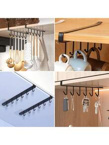 1pc White Black 6-Hook No Drill Multi-Function Hanging Rail Wardrobe Organizer Kitchen Storage Adhesive Hooks Rack Track Style Pot Rack Wall Mount Home Organization Solution Heavy Duty Adhesive Towel Bar Bathroom Bedroom Closet Hanger Display Rack - Multicolor - View 2