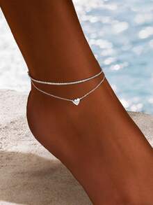 1pc Minimalist Elegant Versatile Shimmering Silver & Heart Layered Anklet, Suitable For Daily, Vacation, Party And High Heels Outfit - Silver - View 5