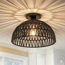 1PC, Vintage Rattan Pendant Light | Creative Handmade Woven Ceiling Light | Bedroom Living Room Dining Room B&B Decorative Lighting, E27 Socket, Bulb Not Included - Black - View 1