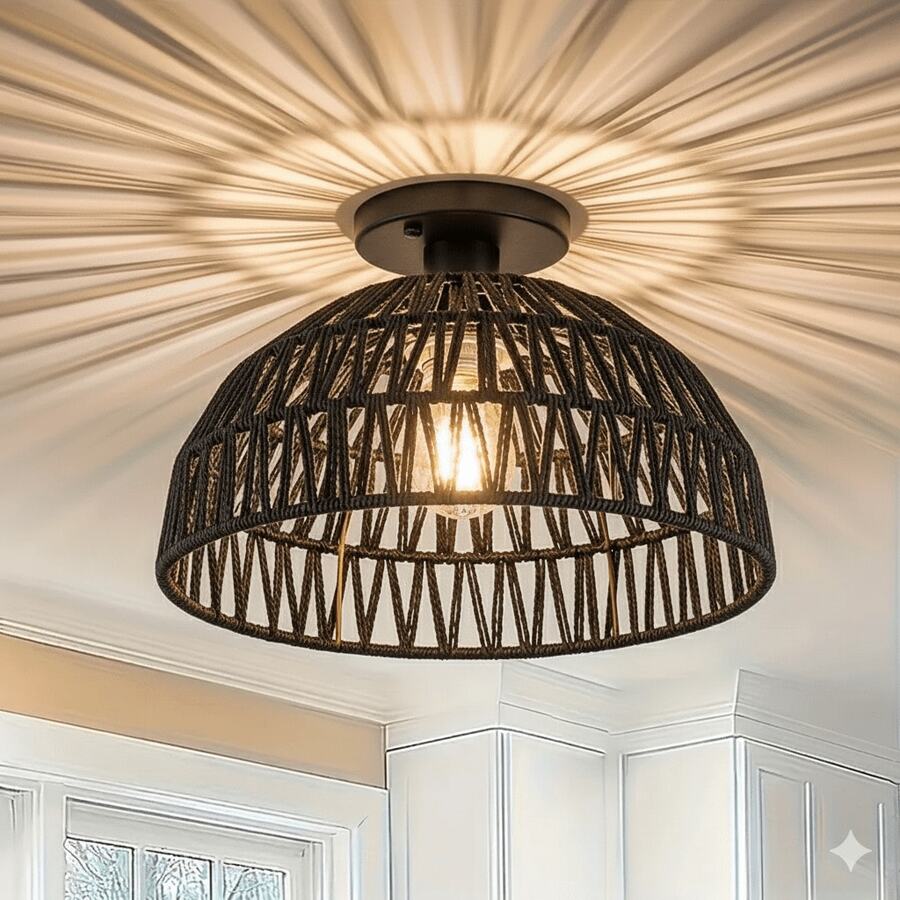 1PC, Vintage Rattan Pendant Light | Creative Handmade Woven Ceiling Light | Bedroom Living Room Dining Room B&B Decorative Lighting, E27 Socket, Bulb Not Included - Black - View 1