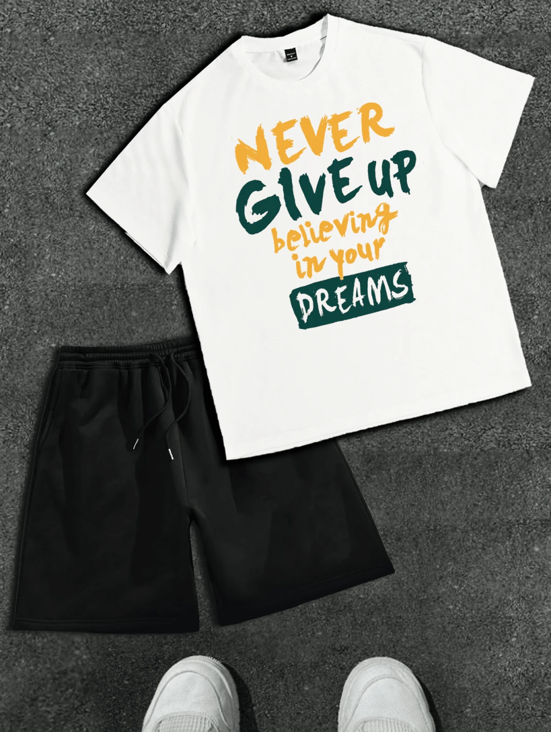 1PCKnitted Men's Two-Piece T-Shirt And Shorts Set For Everyday Comfort And Style Never Give Up Print Set,L Vintage Shirts Graphic Tees Men Camisas Para Hombre Funny Shirts Printed & Shipped In USA Men Tops For Summer,Vintage Gothic Cross & Letter Print, Cotton Loose Fit Short Sleeve Tee | Graphic Tee, Men's Heavyweight Cotton T-Shirt, Solid Color Short Sleeve Crewneck Tee, Relaxed Fit For Casual & Everyday Wear | Men's Fashion, Basic Tee, Plain T-Shirt, Cotton, Streetwear, Minimalist, Summer Top, Wardrobe Staple, High Quality, Solid Tee,Graphic Tees, Oversized T-Shirt, Polo Shirt, Button Up Shirt, Vintage Graphic Tee, Streetwear Tops, Waffle Knit Shirt, Men's Henley, Linen Shirt, Basic Tee - White T-shirt + black shorts - 查看 1