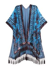 WeHello Women's Boho Burnout Velvet Kimono Long Cover Up With Tassel Casual Cardigan Shawl Flowy Fabric Beachwear Suit Womenswear Clothes Swimwear Coverups SpringStatements - 薄荷藍 - 查看 1