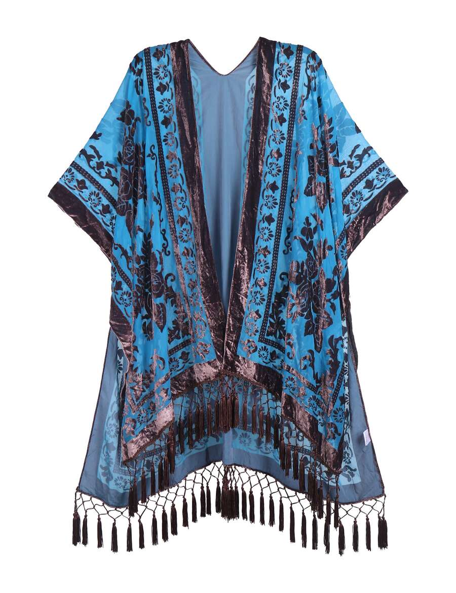 WeHello Women's Boho Burnout Velvet Kimono Long Cover Up With Tassel Casual Cardigan Shawl Flowy Fabric Beachwear Suit Womenswear Clothes Swimwear Coverups SpringStatements - 薄荷藍 - 查看 1
