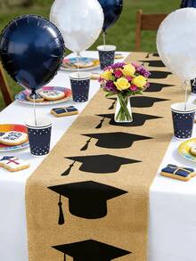 1pc Black Graduation Cap Pattern Burlap Table Runner, Vintage American Style, Natural Jute Fabric Anti-Wrinkle And Durable, Graduation Season Dining Table Decor Flag, Suitable For Graduation Party, Commencement Ceremony, Campus Celebration, Family Graduation Gathering - 183*33cm - View 3