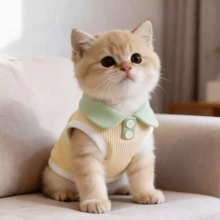 1件猫狗夏季薄款polo衫，翻领T恤，适合曼基康猫、英国短毛猫等，可爱宠物背心，防掉毛 - 白色 - 查看 8