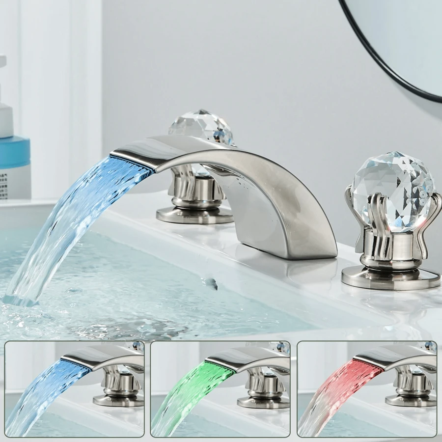 Bathroom Sink Faucet 3 Hole 2 Handle Widespread LED Light Waterfall Faucets With Dual Crystal Handles Basin Mixer Tap 8-Inch Vanity Sink Faucet With Supply Hose - Brushed Nickel - View 1