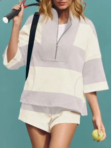 Fisoew Womens 2 Piece Outfits Summer Fall Striped Sweatshirt Workout Shorts Sets Viral Must-Have Matching Tracksuits Christmas Gift & New Year Gift - 杏色 - 查看 1