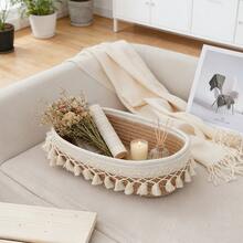 1pc Woven Basket, Rectangular/Round Shape With Tassels, Beige Color, Storage Organizer Basket For Living Room - Multicolor - View 3