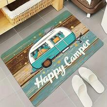 Tapis de bain avec motif de camping à grain de bois coloré et lettrage blanc - résistant à la décoloration, en polyester tricoté, tapis de sol rectangulaire pour la décoration de la salle de bain - Multicolore - Voir 3