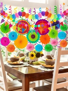 33 Stück Cinco De Mayo Party Dekorationen, mehrfarbige Papierventilator, Kränze, Fahnen, Pompons, geeignet für Geburtstag, Hochzeit, Regenbogen, mexikanisch Mottoparty - Papierfächer-Dekoration - Übersicht 5