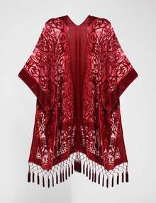 WeHello Women's Boho Burnout Velvet Kimono Long Cover Up With Tassel Casual Cardigan Shawl Flowy Fabric Beachwear Suit Womenswear Clothes Swimwear Coverups SpringStatements - 中紫紅色 - 查看 2
