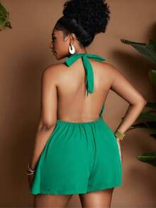 Macaquinho Vestido Plus Size Feminino Frente Única Solto Costas Nua - Vinho - Visão 4