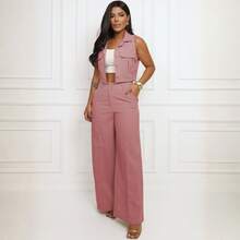 Elegant Women's Linen Vest And High-Waisted Pants Set - Rusty Rose - View 1
