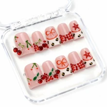 Nailchic 10 PCS Handmade Duck Press-On Nails | Baddie Sweet Luxury Red & Nude Acrylic Nails, 3D Red Cherry & Rhinestone Embellished Leopard Star Art - 彩色 - 查看 9