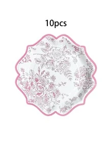 10 pièces/20 pièces/30 pièces Assiettes en papier vintage à motif floral blanc et rose de 7 pouces/9 pouces avec bord festonné, assiettes en papier à fleurs roses, assiettes jetables pour thé, jardin, anniversaire, shower de mariage - rose - Voir 11