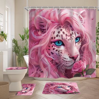 1 Piece/4 Pieces - Pink Leopard Floral Shower Curtain Set, Fashionable Animal Rose Flower Modern Art Aesthetic Bathroom Set, Includes 12 Hooks, Non-Slip Bathroom Mat, U-Shaped Toilet Mat, Toilet Seat Cover, Bathroom Decor And Accessories, Bathroom Window Curtain Shower Set